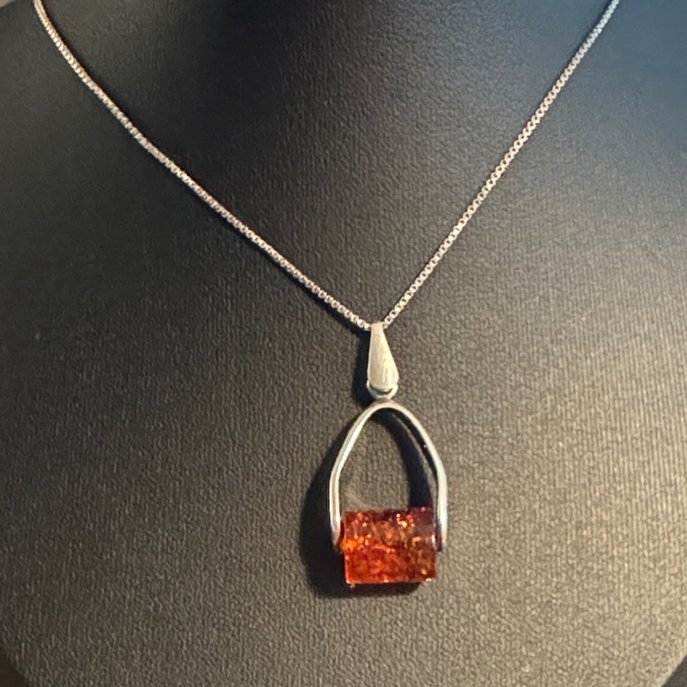 Amber Barrel Bead Sterling Silver Pendant on 19” Box link Sterling Necklace